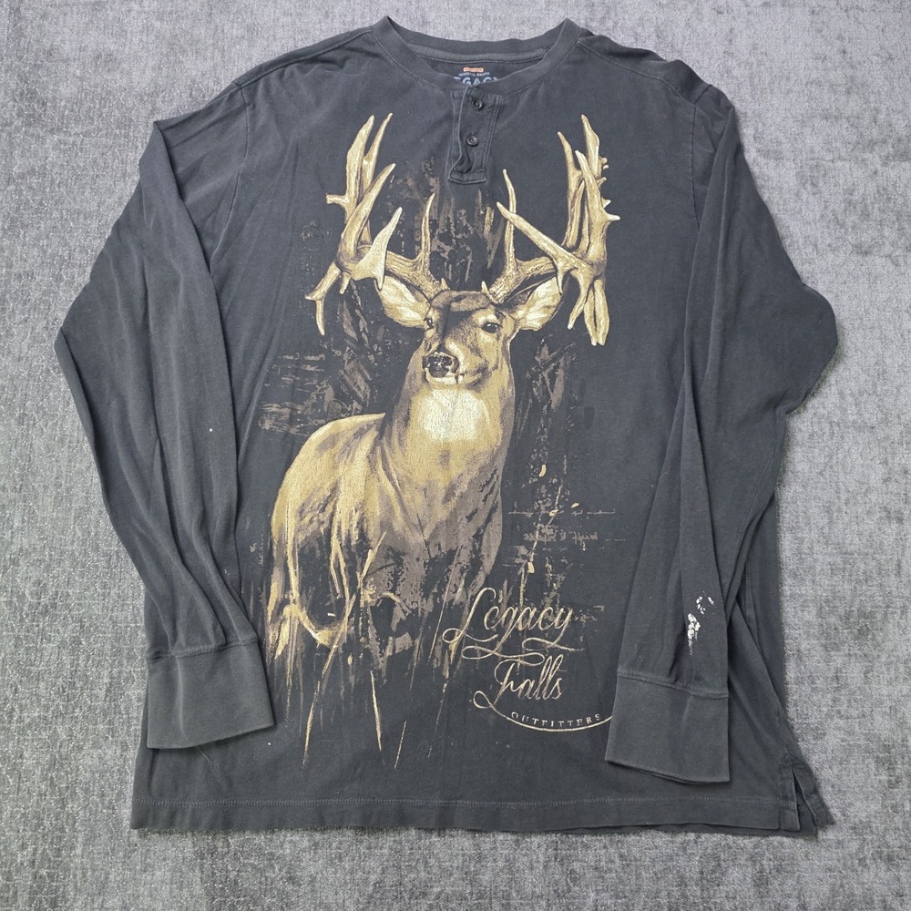 Legacy Falls Henley T Shirt Mens Large Allover Deer Logo 100% Cotton Outdoor